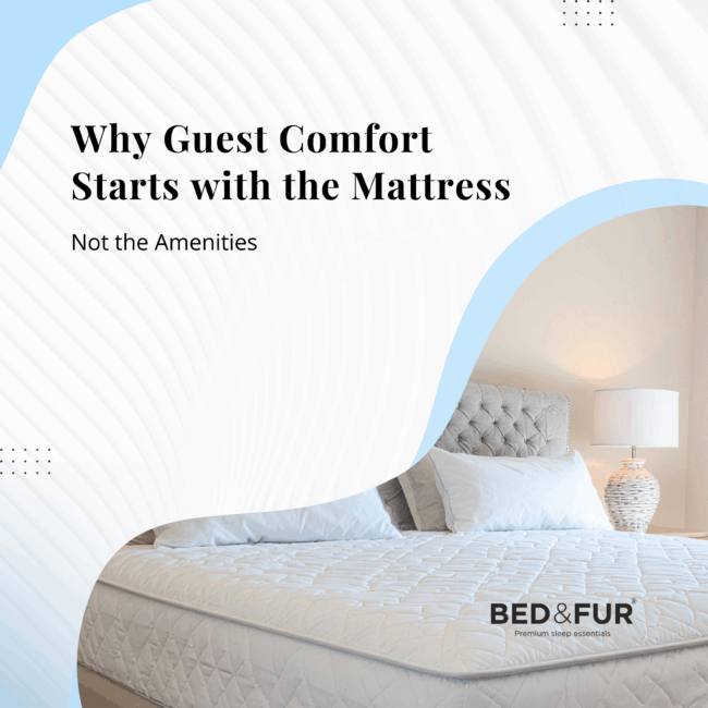 Luxury Bed & Fur mattress displayed in a modern hotel-style bedroom, emphasizing that guest comfort starts with a premium, well-designed mattress rather than room amenities.